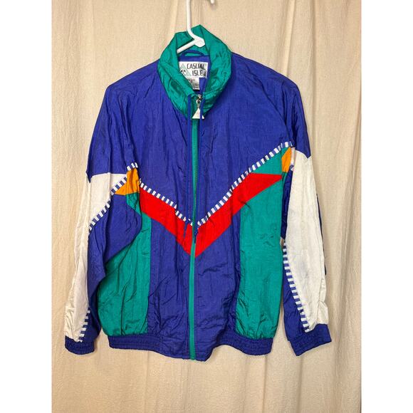 1980s Casual Isle Rainbow Color Block Chevron Geometric Windbreaker Jacket S - Picture 1 of 5